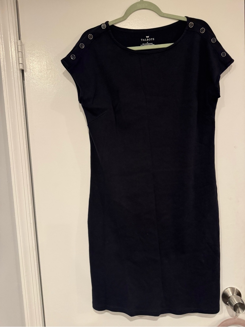 Talbots Black Cap-Sleeve Button-Shoulder Sheath Dress
